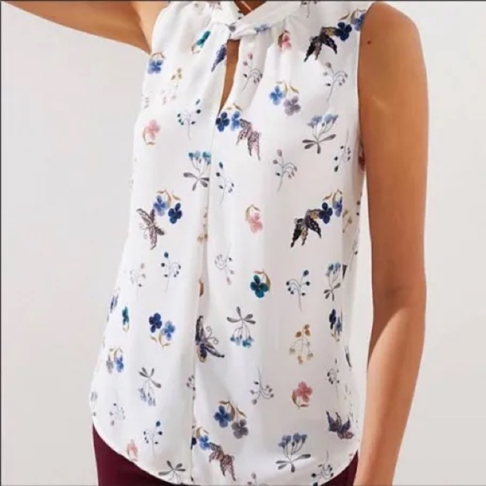 LOFT White Sleeveless Floral Tie-Neck Blouse